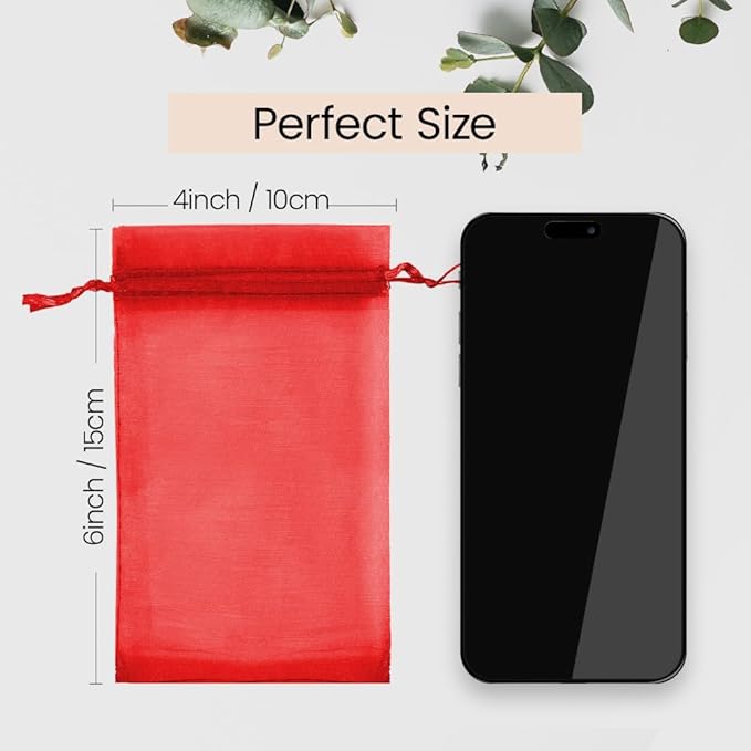 Meowoo 100PCS Organza Bags, 4x6in Small Mesh Bags Drawstring, Mesh Gift Bags Drawstring for Jewelry, Candy, Christmas, Sachets, Festivals, Bathroom Soaps, Makeup Organza, Wrapping Supplies(red)