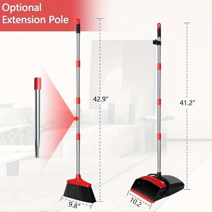 Broom and Dustpan Set, 43-in Long Adjustable Handle Broom Dustpan Combo,Automatically Clean Hair Suitable for Home Kitchen Office Hall Floor,Red