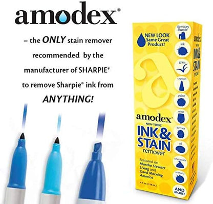 Amodex Ink and Stain Remover – Cleans Marker, Ink, Crayon, Pen, Makeup from Furniture, Skin, Clothing, Fabric, Leather - Liquid Solution - 4 fl oz Bottle - (Pack of 4)