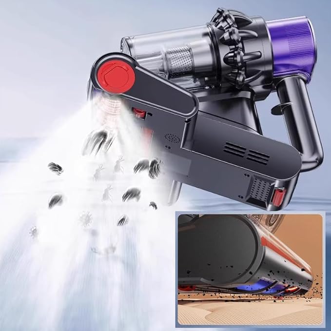 RAINPOT Saker Powerful UV Bed Vacuum Cleaner, 5-Cyclone Cordless Vacuum with Digital Display, 14kPa Strong Suction HEPA Filter, Portable Hand Vac for Mattress Carpet Pet Hair
