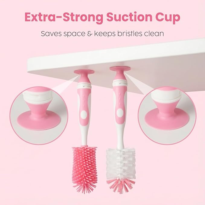 Ariseno 4-in-1 Baby Bottle Brush Set, Including Nylon Bottle Brush, Cap, Straw, Nipple Brushes, BPA-Free (Pink)
