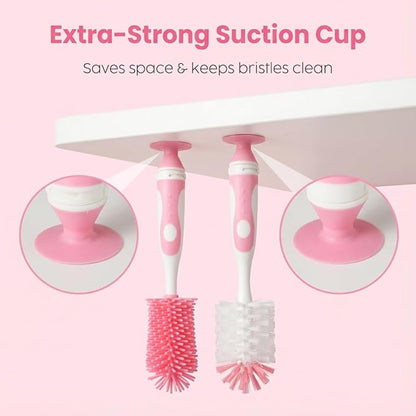Ariseno 5-in-1 Baby Bottle Brush Set, Including Nylon and Silicone Bottle Brush, Cap, Straw, Nipple Brushes, BPA-Free (Pink)