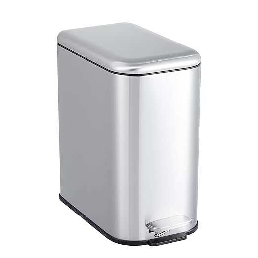 GlowSol Bathroom Trash Can with Lid, 3.2 Gallon 12 L Stainless Steel Step Trash Can with Removable Liner Bucket, Slim Small Wastebasket for Toilet Bedroom Office, Silver