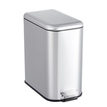 GlowSol Bathroom Trash Can with Lid, 3.2 Gallon 12 L Stainless Steel Step Trash Can with Removable Liner Bucket, Slim Small Wastebasket for Toilet Bedroom Office, Silver