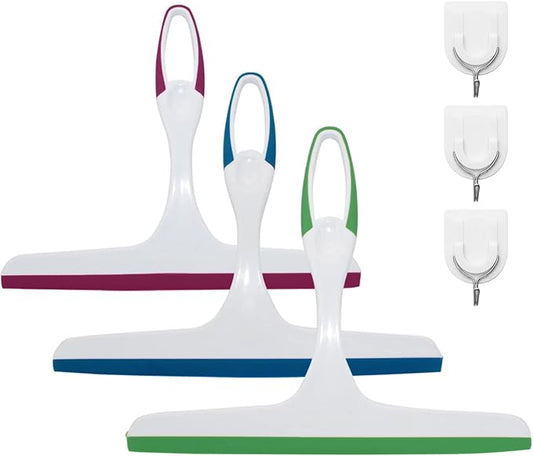 3 Pack Rubber Glass Shower Door Squeegee with 3 Shower Hooks, Multifunctional Squeegee Tool
