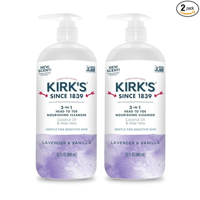 Kirk's 3-in-1 Head to Toe Nourishing Liquid Cleanser- for Men, Women & Children - Premium Coconut Oil & Aloe Vera- Non GMO & Vegan - Lavender and Vanilla - 32 Fl Oz. - 2 Pack