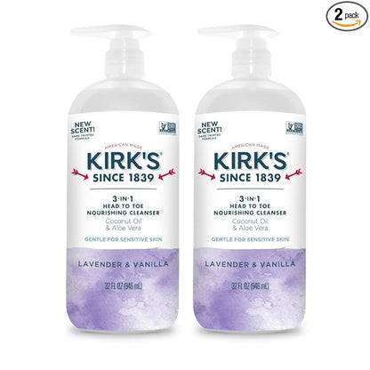 Kirk's 3-in-1 Head to Toe Nourishing Liquid Cleanser- for Men, Women & Children - Premium Coconut Oil & Aloe Vera- Non GMO & Vegan - Lavender and Vanilla - 32 Fl Oz. - 2 Pack