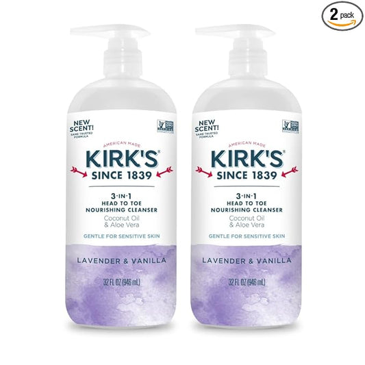 Kirk's 3-in-1 Head to Toe Nourishing Liquid Cleanser- for Men, Women & Children - Premium Coconut Oil & Aloe Vera- Non GMO & Vegan - Lavender and Vanilla - 32 Fl Oz. - 2 Pack