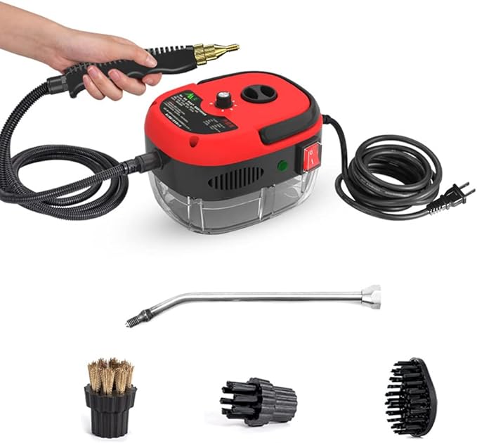 Portable Handheld Steam Cleaner, High Temperature Pressurized Steam Cleaning Machine with Brush Heads for Kitchen Furniture Bathroom Car, US Plug 110V (Red)