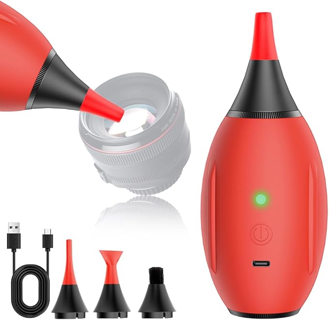Electric Air Blower Kit, with 4 Soft Tip Silicone Replacable Nozzles, Mechanism Dust Blower and Vacuum Cleaner, Professional Air Blaster for Camera Sensor CCD CMOS (Red)