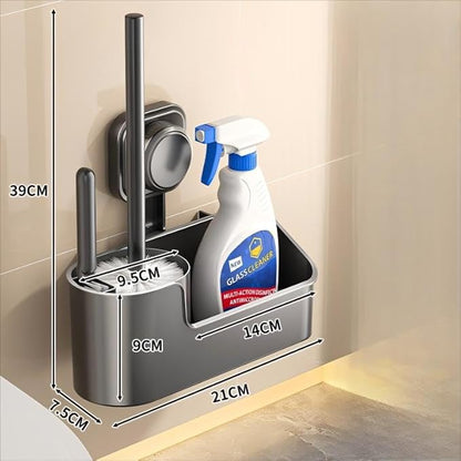 Generic Wall Mounted Toilet Brush Holder with Storage Rack, Grey ABS Plastic, Suction Cup Installation, 21x7.5x39cm, Bathroom Organizer