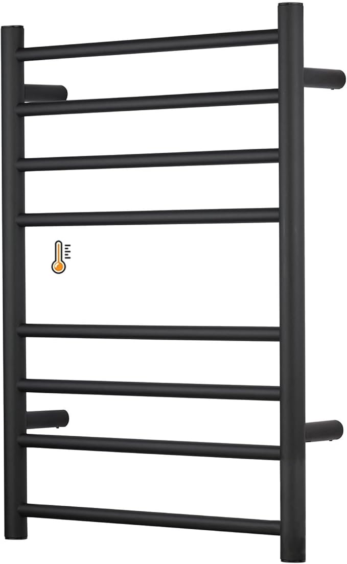 (1 Pack Yariwiz) Electric Towel Warmer for Bathroom Wall Mounted Drying Rack Plug-in Electric Heated Towel Rack Stainless Steel Round 8 Bars Bath Towel Heater Black