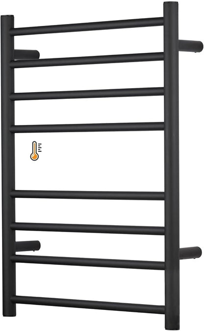 (1 Pack Yariwiz) Electric Towel Warmer for Bathroom Wall Mounted Drying Rack Plug-in Electric Heated Towel Rack Stainless Steel Round 8 Bars Bath Towel Heater Black