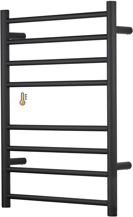 (1 Pack Yariwiz) Electric Towel Warmer for Bathroom Wall Mounted Drying Rack Plug-in Electric Heated Towel Rack Stainless Steel Round 8 Bars Bath Towel Heater Black