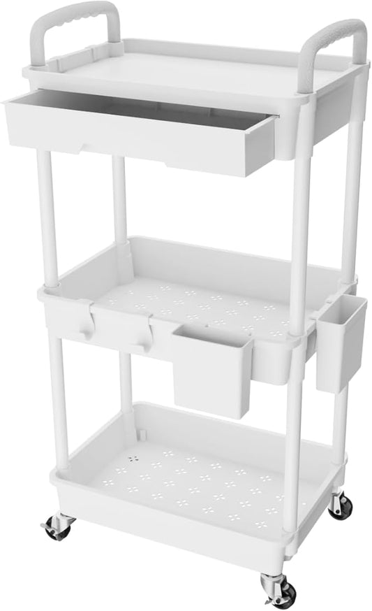 3 Tier Rolling Utility Cart with Drawer,REBECAT Utility Cart Made of Multifunctional Storage Organizer Tool for Kitchen,Bathroom,Living Room,Office(White)