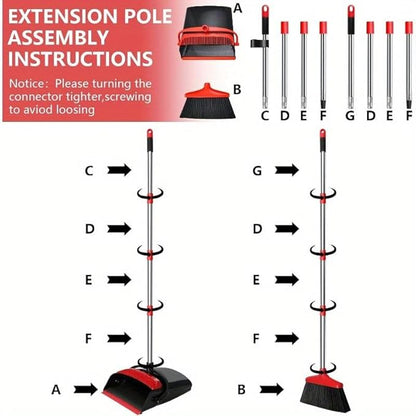 Broom and Dustpan Set, 43-in Long Adjustable Handle Broom Dustpan Combo,Automatically Clean Hair Suitable for Home Kitchen Office Hall Floor,Red