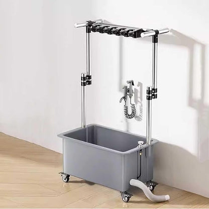 Freestanding Floor Mop Sink with 26cm Deep Basin, 93-124cm Adjustable Height Broom Mop Holder Organizer Movable Mop Sink with Wheels for Laundry Backyard Garage