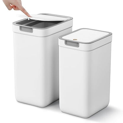 MOPALL 2 Pack Bathroom Trash Can with Lid, 3.6Gal + 2.5Gal Small Garbage Can Set with Pop-Up Lid, Slim Trash Bin Waste Basket for Toilet, Office, Bedroom, Living Room (White)