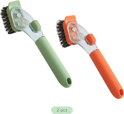 Green Orange Soap Dispensing Dish Brush 2 Pcs, Long Handle Kitchen Scrub Tool with Soft Dense Bristles, Transparent Body, Press Button for Liquid Control, Powerful Cleaning