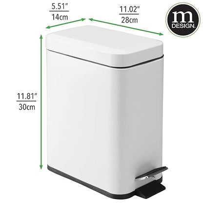 mDesign 5 Liter Rectangular Small Steel Step Trash Can Wastebasket, Garbage Container Bin for Bathroom, Powder Room, Bedroom, Kitchen, Craft Room, Office - Removable Liner Bucket, Matte White