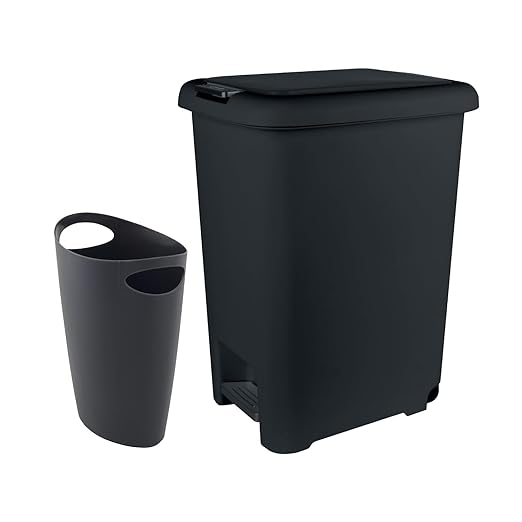 Superio 10L and 45L Slim Step & Push Trash Cans - 2 Pack, Dual Opening, Space-Saving Design, Durable Plastic - Black