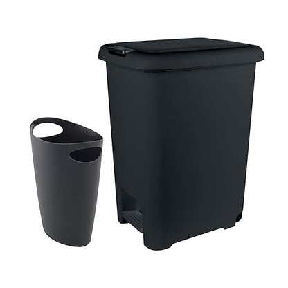 Superio 10L and 45L Slim Step & Push Trash Cans - 2 Pack, Dual Opening, Space-Saving Design, Durable Plastic - Black