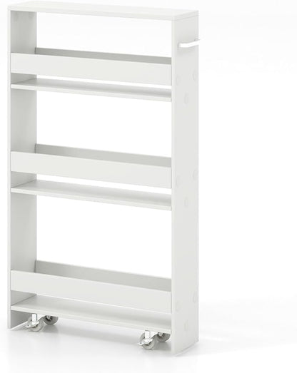 Giantex 4 Tier Rolling Slim Storage Cart, 5" Narrow Slide Out Kitchen Cart w/Handle & Open Shelves, Space-Saving Compact Mobile Utility Trolley for Small Space Laundry Room (White)