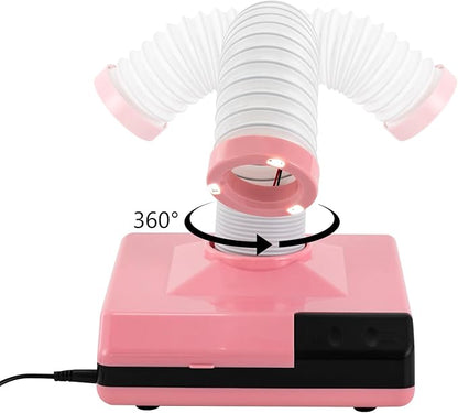 Nail Dust Collector, 2 in 1 Powerful Mini Desktop Vacuum Cleaner with Fan & LED Light, 60W Manicure Dentist Polishing Dust Suction Machine with Large Caliber Hose for Dental Lab Nail Salon (Pink)