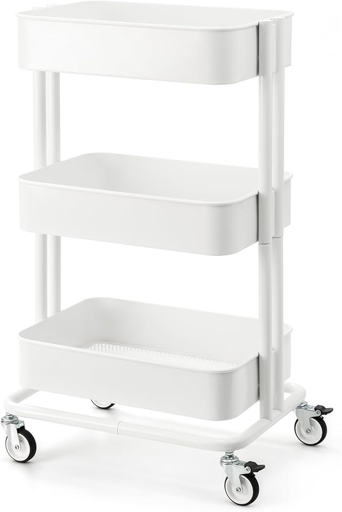 3 Tier Rolling Cart Metal Heavy Duty Utility Cart with Silent Caster Lockable Wheels Multi-Functional Organization Carts Storage Trolley with Mesh Shelves for Office Kitchen Living Room white