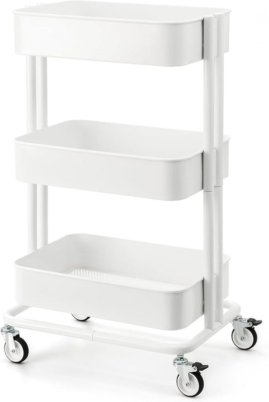 3 Tier Rolling Cart Metal Heavy Duty Utility Cart with Silent Caster Lockable Wheels Multi-Functional Organization Carts Storage Trolley with Mesh Shelves for Office Kitchen Living Room white