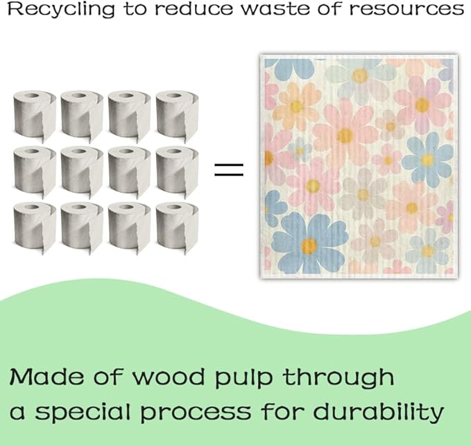 Swedish Dishcloths for Kitchen – 6 Pack Cellulose Reusable Cleaning Paper Towels – Soft, Quick-Drying, Washable Dish Rags for Kitchen, Counters & More (Pastel Floral)