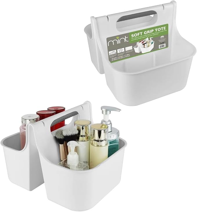 J&V TEXTILES Portable Shower Caddy, Bathroom Organizer Basket, Perfect Size for Dorm/College, Plastic Bath Tote, Dries Quickly with Drainage Holes, Soft Grip Carrying Handle (White, Medium)