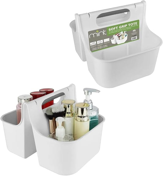 J&V TEXTILES Portable Shower Caddy, Bathroom Organizer Basket, Perfect Size for Dorm/College, Plastic Bath Tote, Dries Quickly with Drainage Holes, Soft Grip Carrying Handle (White, Medium)