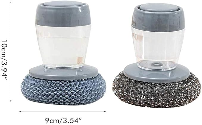 Soap Dispensing Palm Brush Washing Brush with Integrated Detergent Dispenser Steel Dish Scrubber soap Stop Cleaner Metal Sponge Household Kitchen Cleaning Twin