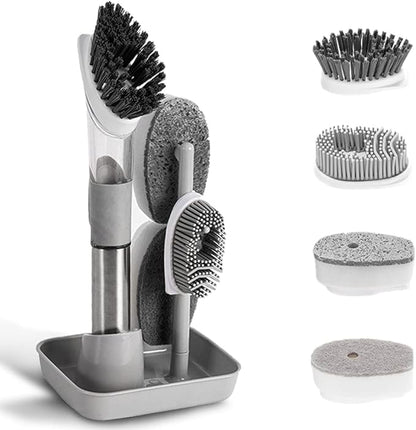 4-in-1 Dish Cleaning Brush Soap Dispensing Dish Brush Set with 4 Replacement Heads and Storage Holder, Kitchen Scrub Brush for Dish Pot Pan Sink Cleaning (Grey)