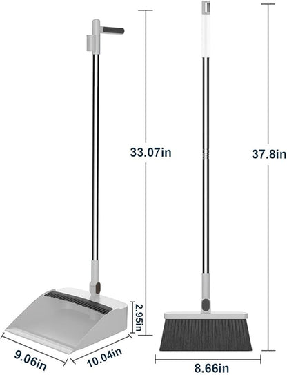 2-in-1 Broom with Dustpan Combo Set,Long Handle Broom Dustpan Combo with Dustpan Teeth to Automatically Clean Hair for Home, Indoor or Outdoor Cleaning Hall Floor (Gray)