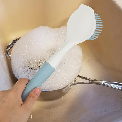 2 PCS Silicone Dishwashing Brush, Non-Stick Pot Scrubber with Long Handle, Durable Scrub Brushes for Cleaning Dishes, Cast Iron Pans, Sinks and Kitchen Cookware, Heat Resistant Cleaning Tool