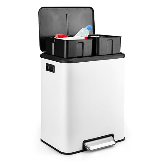Kitchen Trash Can, 2x4 Gallon Rectangular Kitchen Waste Bin, Dual Separate Compartment Recycle Bin with Removable Plastic Inner Buckets, Soft Step-on with Lid