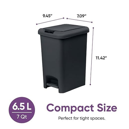 Superio 2-Pack 6.5L Slim Step & Push Trash Can - Dual Opening, Smooth Matte Finish, Durable Plastic (9.5"x7"x11.5") - Black