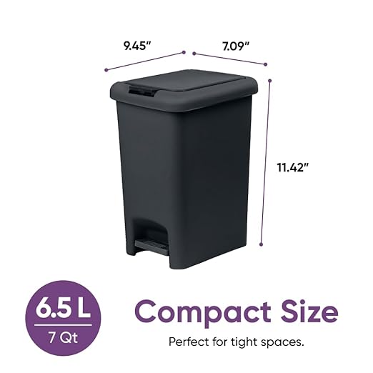 Superio 6.5L Slim Step & Push Trash Can - Dual Opening, Smooth Matte Finish, Durable Plastic (9.5"x7"x11.5") - Black