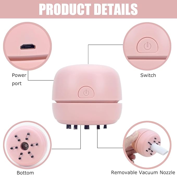 YUNYILAN Desktop Vacuum Cleaner USB Recharging, Portable Mini Vacuum Cleaner for Cleaning Eraser Crumbs, Dust, Crumbs, Computer Keyboard and Car (Pink)