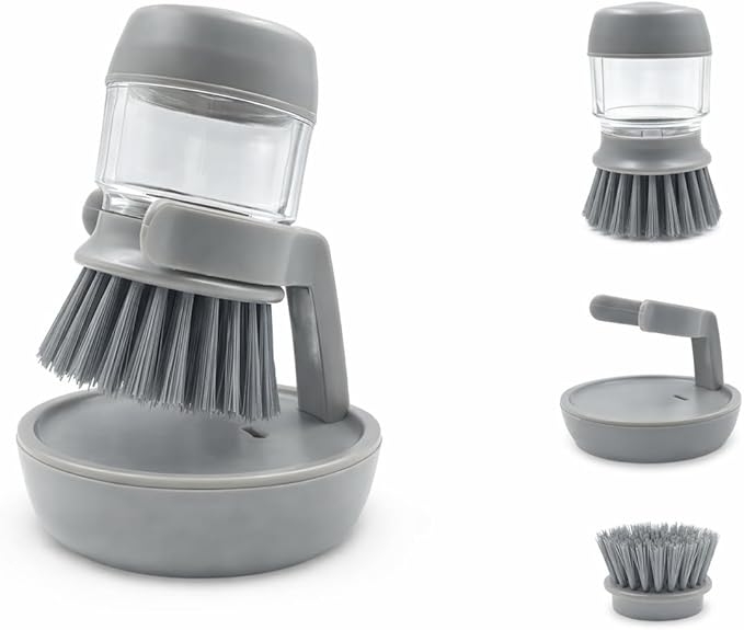 Soap Dispensing Dish Scrubber Brush with Storage Bracket - Replaceable Palm Brush for Kitchen Pot, Pan and Sink Cleaning, Drainage Base, Dish Washing Brush, Kitchen Brush for Cleaning
