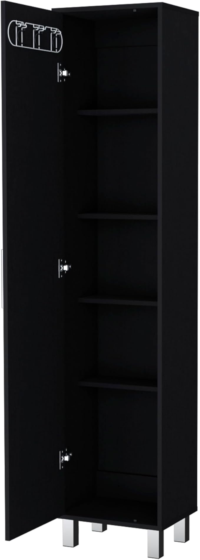 Storage Cabinet, Single Door Freestanding Black Cabinet with 3 Broom Hangers & 5 Interior Shelves, Modern Particle Board Melamine Kitchen Organizer, 11.73" D x 15.75" W x 70.87" H