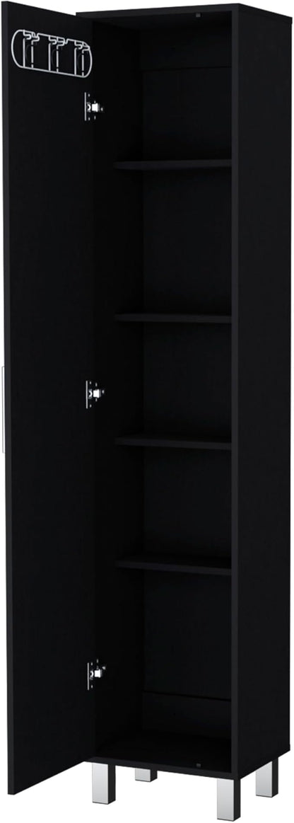 Storage Cabinet, Single Door Freestanding Black Cabinet with 3 Broom Hangers & 5 Interior Shelves, Modern Particle Board Melamine Kitchen Organizer, 11.73" D x 15.75" W x 70.87" H