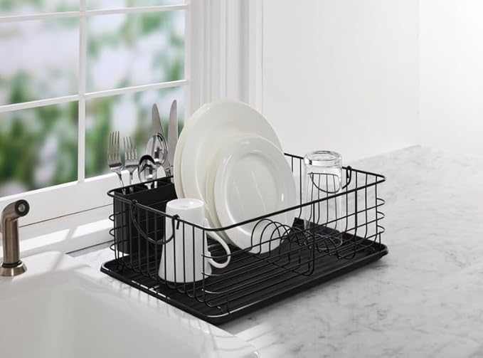 Farberware Sink Series Dish Rack with Metal Handles (16.9" x 14.5") - Rust-Resistant & Satin Frame with Plastic Drainboard, Space-Saving Compact Dish Drying Rack for Modern Kitchens (Matte Black)