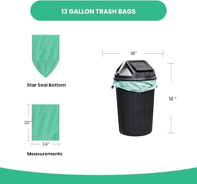 Reli. Compostable 13 Gallon Trash Bags | 150 Count Bulk | ASTM D6400 | Green | Eco-Friendly | For Compost