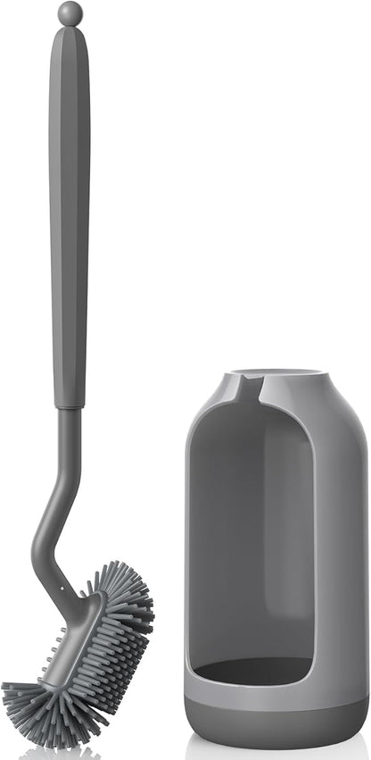 HAMITOR Toilet Bowl Brush Holder Set: Deep Cleaning Silicone Toilet Cleaner Scrubber Under Rim with Curved Bristle for Bathroom Dead Corner Clean - Modern Rv Toilet Decorative Accessories - Gray