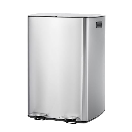 Garvee 16 Gal Dual Trash Can for Kitchen, Stainless Steel Garbage Can with Soft-Close Lids & Pedals, 60L Double Compartment Recycling Bin with Removable Inner Buckets for Office Commercial Use, Silver