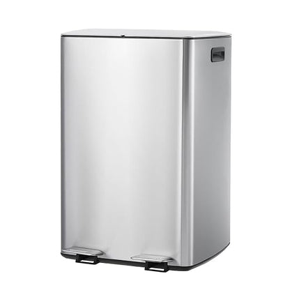 Garvee 16 Gal Dual Trash Can for Kitchen, Stainless Steel Garbage Can with Soft-Close Lids & Pedals, 60L Double Compartment Recycling Bin with Removable Inner Buckets for Office Commercial Use, Silver