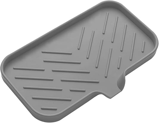 Large Sponge Holder for Kitchen, Silicone Tray with Drain Spout for Dispenser, Scrubber, Bottle, Soap Holder for Shower Bathroom (Grey, 9.8" x 4.9")